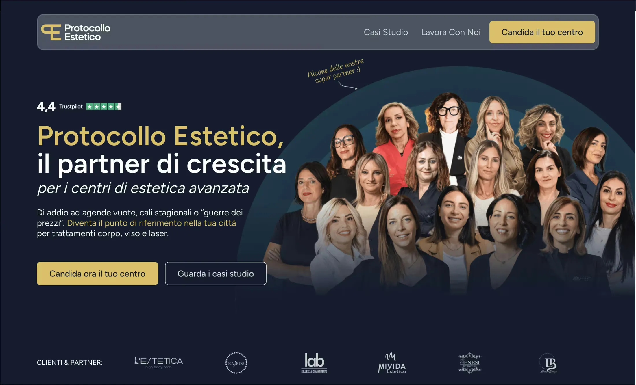 La prima schermata del sito di Protocollo Estetico dopo il progetto
